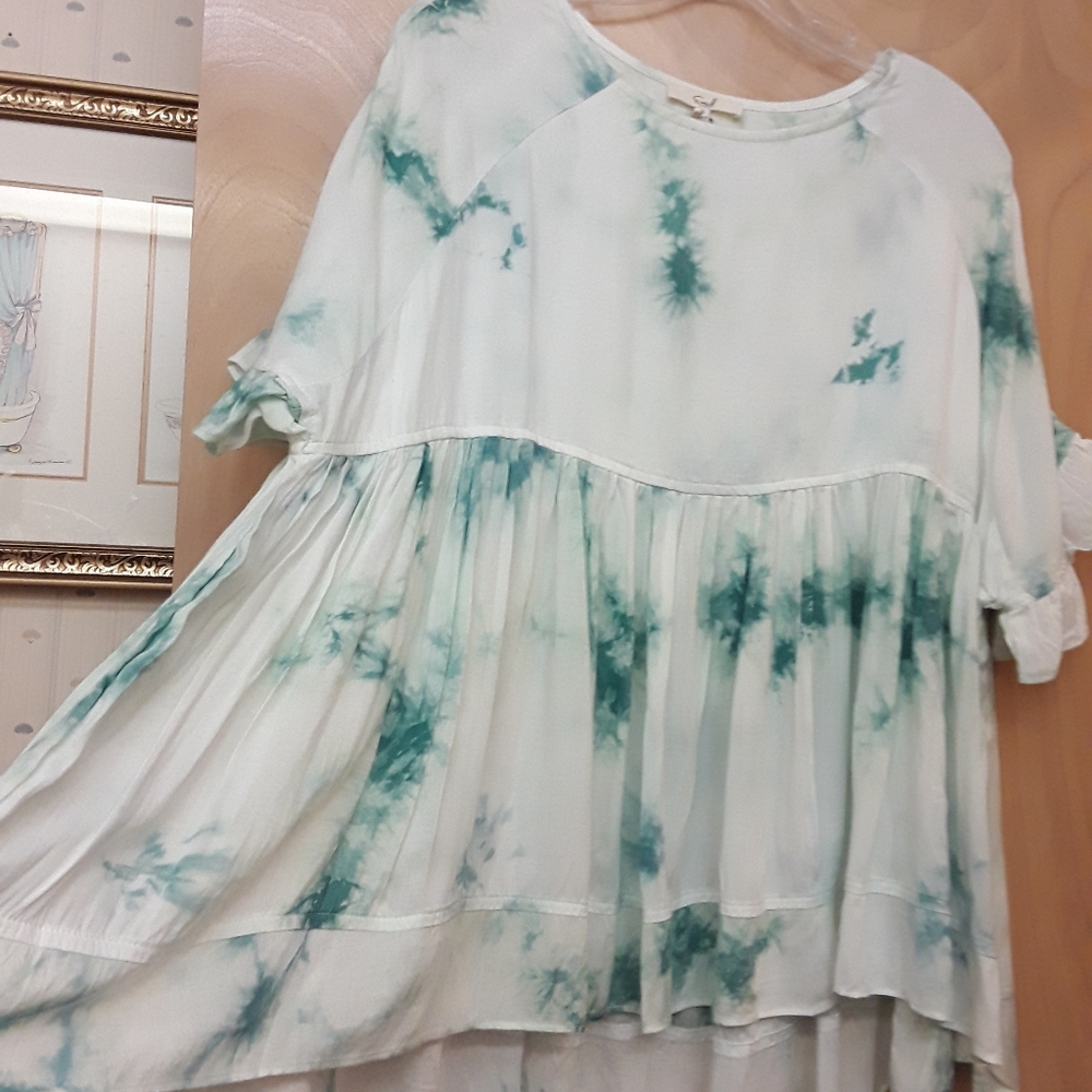 White turquoise Easel pastel green boho tiered laagenlook tunic top New Tags S